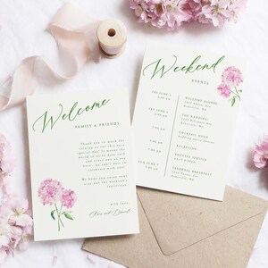 Carta de boas-vindas e cartão de cronograma de casamento de hortênsia rosa, itinerário floral em aquarela, cartão de evento para impressão, MODELO de casamento rosa
