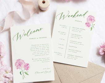 Watercolor Pink Hydrangea Wedding Welcome Letter & Timeline Template (Digital Download)