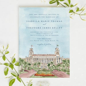 The Breakers wedding invitation template, Palm Beach Florida personalized invite, watercolor tropical palm trees, marriage announcement image 1