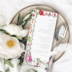 Menú de boda con verduras y flores, menú de cena de boda colorido, menú con ilustración botánica, menú floral con acuarela dibujado a mano PLANTILLA