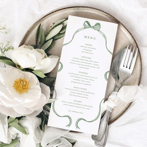 Hochzeitsmenüvorlage mit grüner Schleife, Hochzeitsmenü mit Wellenband, Hochzeitsmenü bearbeitbar, Aquarell-Weihnachtsfeier-Menü bedruckbar
