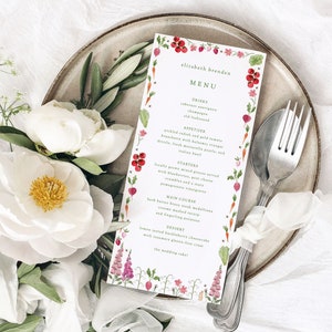 Menú de boda de verduras PLANTILLA, menú de cena con flores coloridas, menú de fiesta en un jardín botánico, menú de cena con ilustración de acuarela dibujada a mano