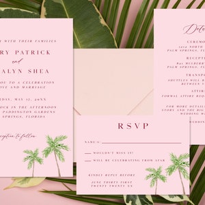 Pink palm tree invitation template, tropical beach wedding invite, beach invite, custom invitation template, palm tree wedding invite