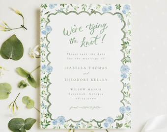 Blue flower wedding save the date, blue hydrangea invite, watercolor floral invitation, wavy border invite, tying the knot invite TEMPLATE