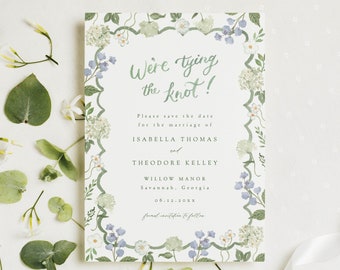 Blue and white floral save the date TEMPLATE, dusty blue wildflower, botanical wedding invite, watercolor hydrangea wedding invitation