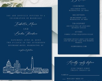 Washington DC wedding invitation template, DC skyline invitation, Washington dc custom invitation template, Washington dc skyline invite