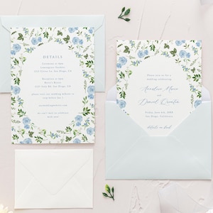 MODELLO di invito di nozze con ortensia azzurra, carta da lettere per nozze con fiori blu, invito floreale ad acquerello, invito di nozze modificabile