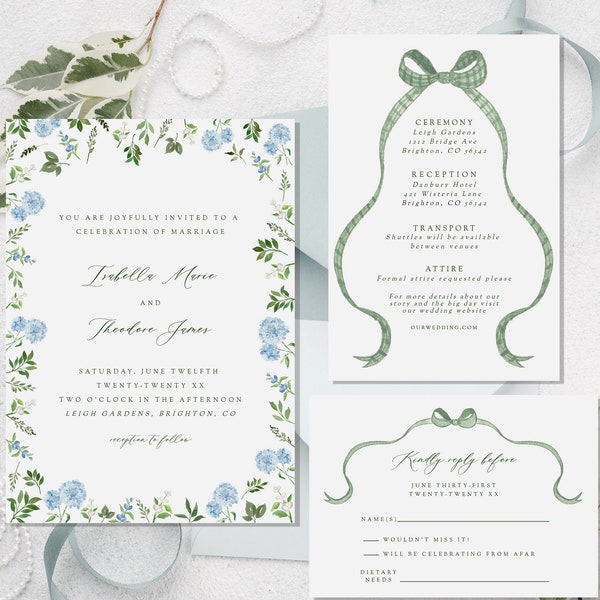 Hydrangea wedding invitation template, blue floral wedding invite, custom invitation template, botanical invite, botanical floral invitation