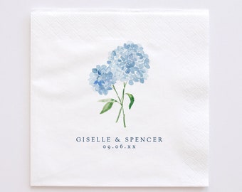 Floral cocktail napkin TEMPLATE, blue hydrangea wedding napkin, personalized napkin template, editable template, botanical cocktail napkin