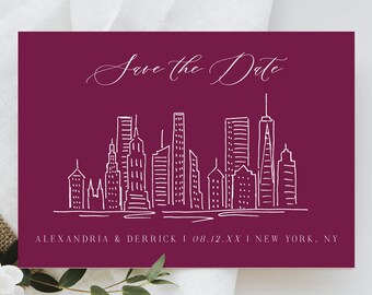 La ciudad de Nueva York guarda la plantilla de fecha, el horizonte de Nueva York guarda la fecha, la plantilla personalizada para guardar la fecha, la invitación al boceto de la ciudad del horizonte de la ciudad de Nueva York