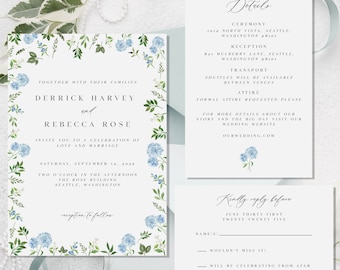 Blue floral wedding invitation template, hydrangea wedding invite, botanical invite, custom invitation template, botanical floral invitation