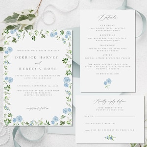 Blue floral wedding invitation template, hydrangea wedding invite, botanical invite, custom invitation template, botanical floral invitation