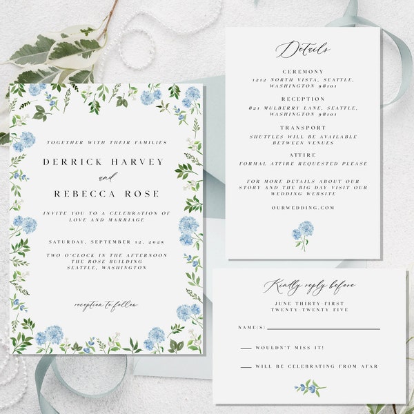 Blue floral wedding invitation template, hydrangea wedding invite, botanical invite, custom invitation template, botanical floral invitation