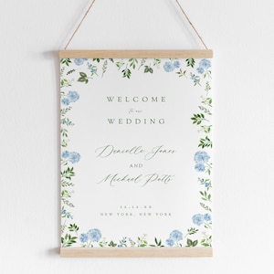 Blue floral wedding welcome sign, welcome sign template, personalized sign template, blue hydrangea wedding sign, botanical wedding sign