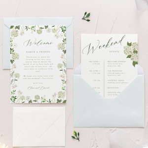 Carta de bienvenida y cronograma de boda con hortensias blancas, plantilla de itinerario imprimible, tarjeta de evento de boda editable, papelería floral para boda