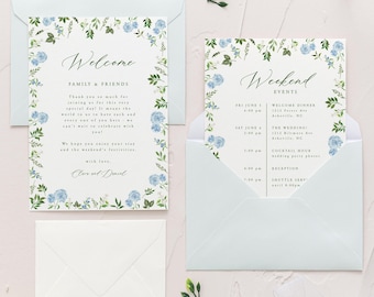 Blue floral wedding welcome letter and timeline card set, editable blue hydrangea itinerary card template, printable wedding stationery