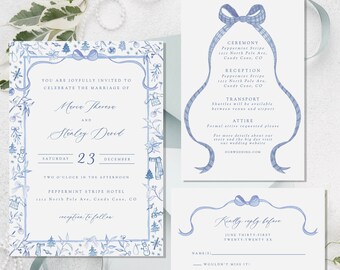 May include: A blue and white wedding invitation suite with a winter theme. The invitation features a border of winter-themed illustrations, including snowflakes, pine trees, and ornaments. The text reads "You are joyfully invited to celebrate the marriage of..." and includes the names of the couple, the date, and the time of the ceremony. The RSVP card features a blue and white bow and the text "Kindly reply before June thirty-first, twenty-twenty xx".