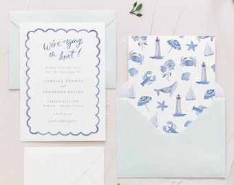 Blue coastal chinoiserie save the date, scalloped border, wavy wedding invite, new england beach wedding, editable invitation TEMPLATE