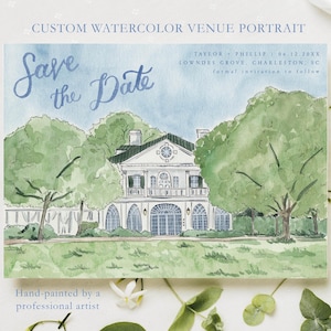 May include: A rectangular Save the Date card featuring a watercolor painting of a white mansion surrounded by green trees. The text reads Save the Date, Taylor + Phillip, 06.12.20XX, Lowndes Grove, Charleston, SC, and formal invitation to follow.