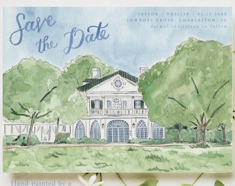 Custom Watercolor Venue Portrait Save the Date, Wedding Venue Painting, Editable Template