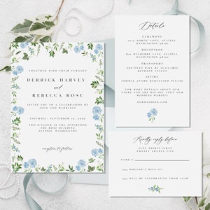 Blaue Blumenhochzeitseinladung, Hortensienhochzeitseinladung, botanische Einladung, benutzerdefinierte Einladungsvorlage, botanische Blumeneinladung