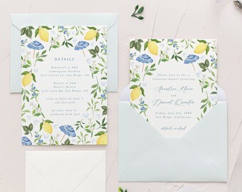 Capri inspired lemon rehearsal dinner invitation, watercolor citrus editable invite template, Italian wedding stationery, summer wedding