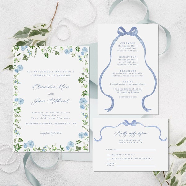 Blue hydrangea wedding invitation template, watercolor floral invite, french blue gingham bow editable template, botanical wedding invite