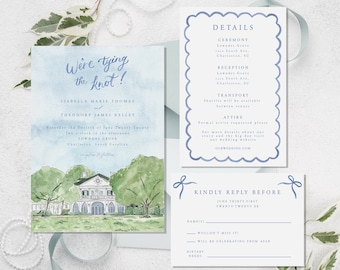 Lowndes Grove Charleston wedding invitation template, watercolor invite template, Charleston wedding venue portrait, printable invite suite