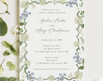 Floral Rehearsal Dinner Invitation Template: Watercolor Blue and White Florals