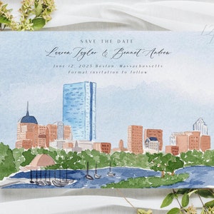 Boston skyline save the date-sjabloon, custom save the date-sjabloon, Boston waterkant uitnodiging, Boston uitnodigingssuite, aquarel Boston