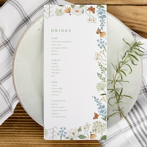 Menú de bebidas para bodas con flores silvestres, menú de bar para bodas con flores de acuarela, menú de flores azules y blancas, menú de bar floral, menú botánico PLANTILLA