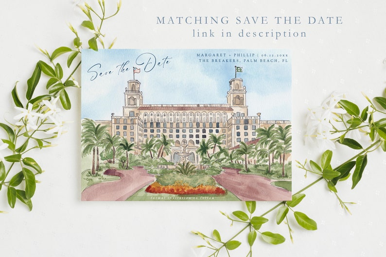 The Breakers wedding invitation template, Palm Beach Florida personalized invite, watercolor tropical palm trees, marriage announcement image 6
