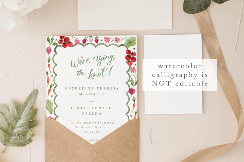 May include: A watercolor wedding invitation with a green, red, and white floral border. The text reads "We're tying the knot!" followed by the names "Catherine Theresa Michaels and Henry Leonard Callum." The invitation also includes the date "06.12.XX" and the location "The Wildflower Hotel, Gardenia, Georgia."
