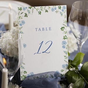Blue Floral Wedding Table Numbers, Watercolor Hydrangea (Editable Template)
