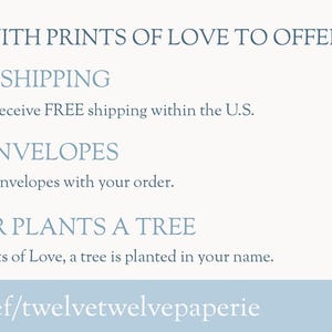 May include: A promotional graphic with text on a light blue and white background. The text includes "FREE SHIPPING", "FREE ENVELOPES", and "EVERY ORDER PLANTS A TREE". A coupon code "100FF1212" is also displayed. The website printsoflove.com is shown.