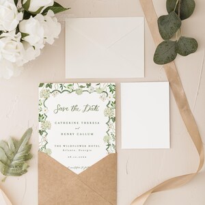 Hortensia blanca guarda la plantilla de fecha con borde festoneado verde y caligrafía de acuarela, invitación de boda floral color crema y vegetación imagen 6
