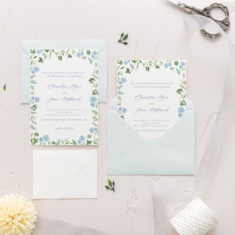 Blue hydrangea wedding invitation template, watercolor floral invite, french blue gingham bow editable template, botanical wedding invite image 7