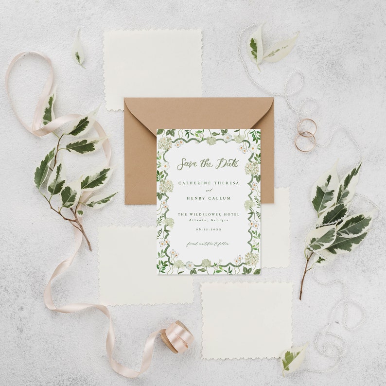 Hortensia blanca guarda la plantilla de fecha con borde festoneado verde y caligrafía de acuarela, invitación de boda floral color crema y vegetación imagen 5