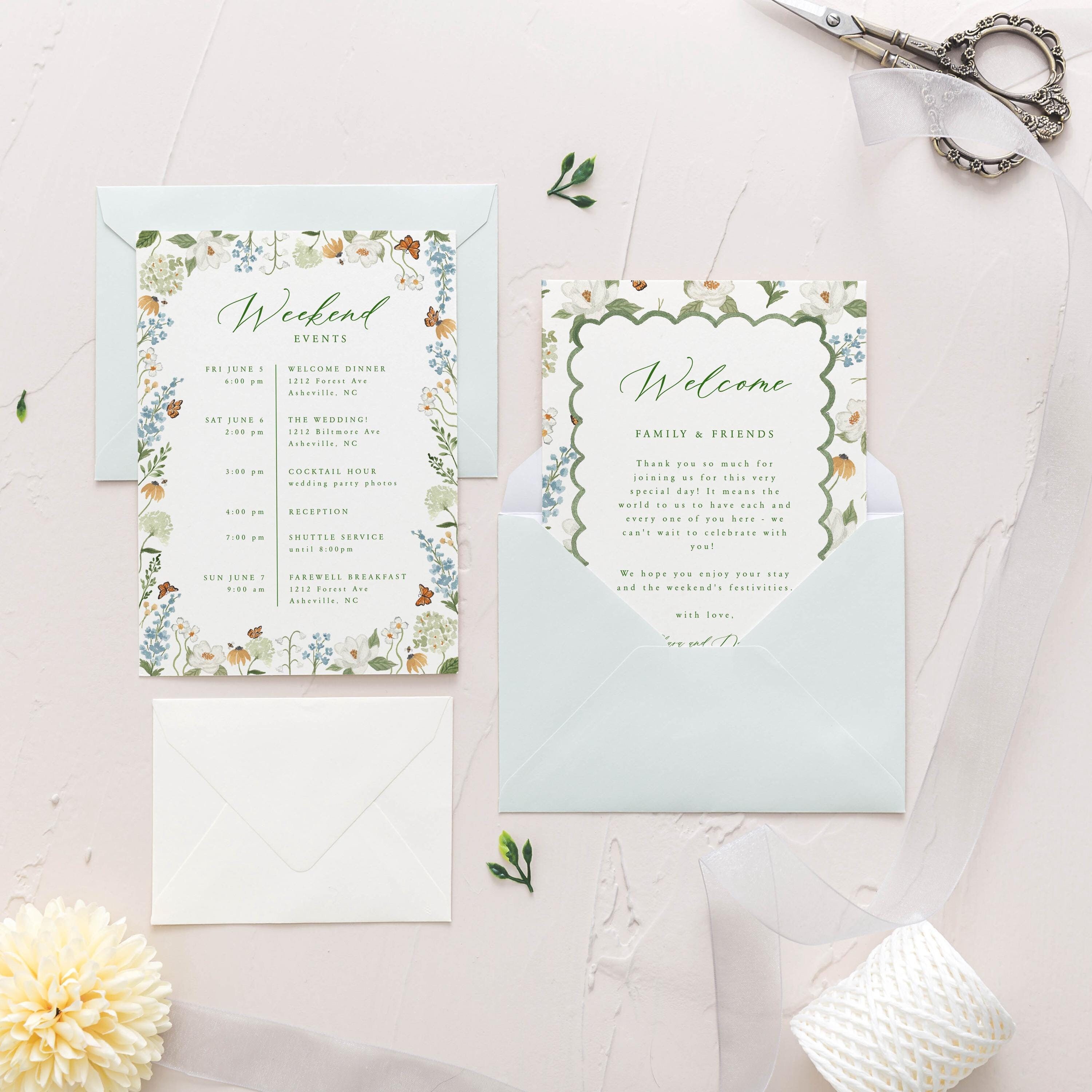 Blue and White Wildflower Wedding Welcome Letter & Timeline Card (Editable Template, Digital Download)