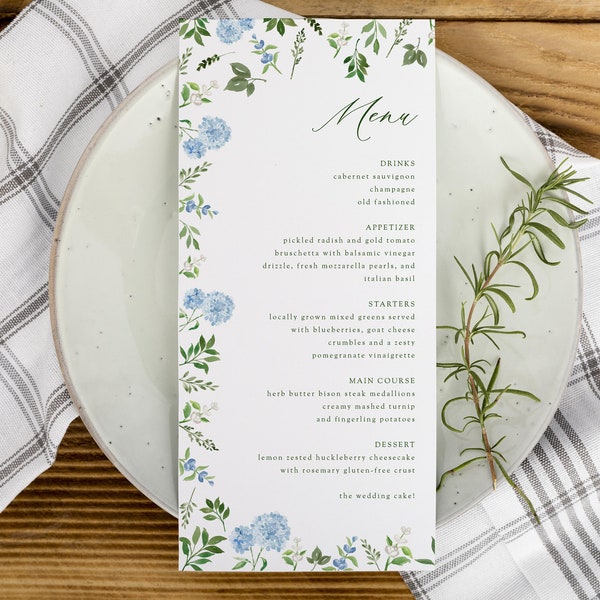 Blue floral wedding menu template, hydrangea wedding menu, botanical invite, custom menu template, botanical floral menu template