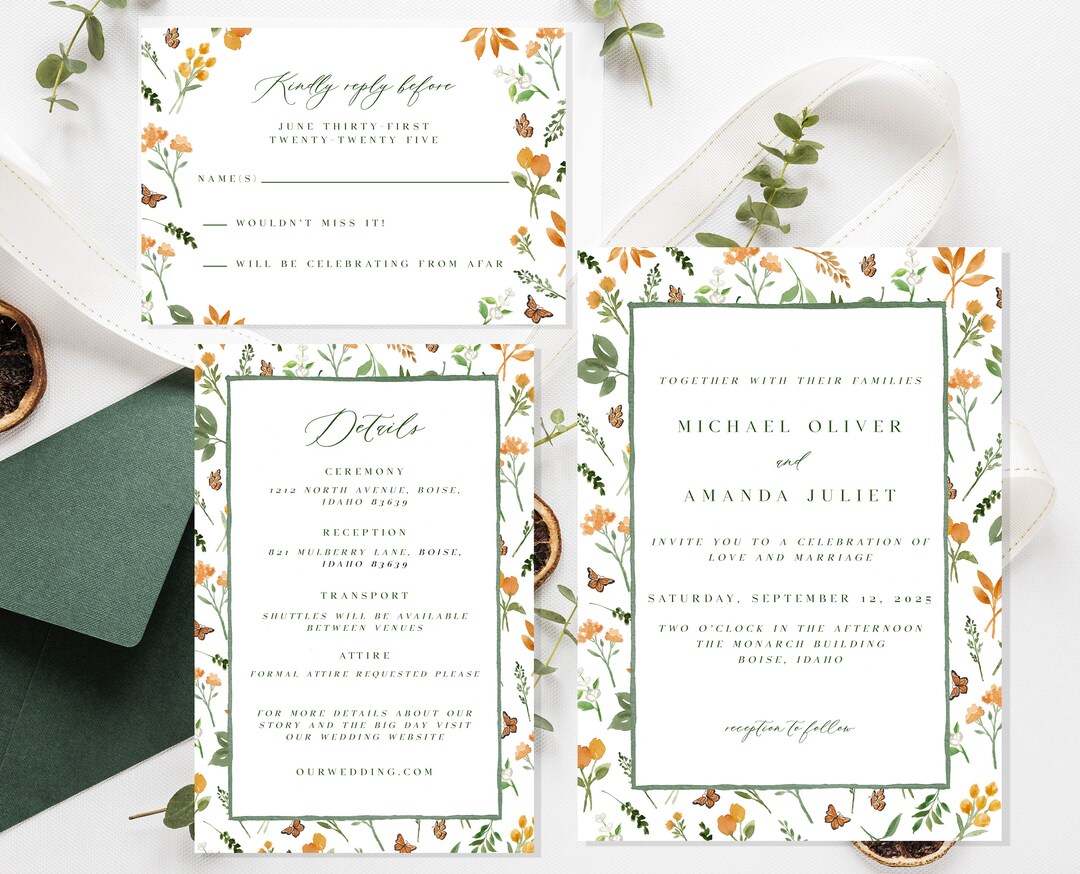 Orange Floral Wedding Invitation, Wildflower Wedding Invite Template, Orange Floral Wedding