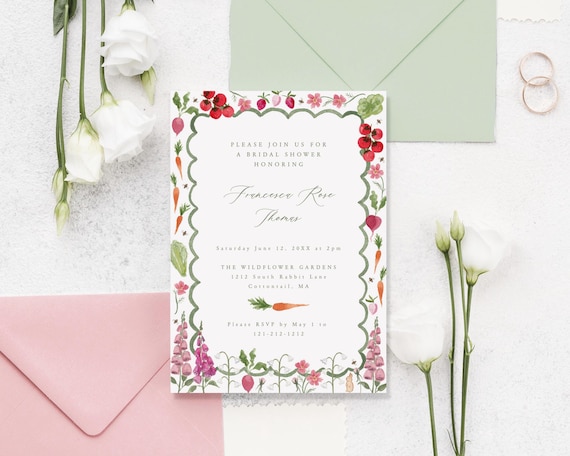 Watercolor Garden Bridal Shower Invitation Template, Vegetable and Flower Bridal Shower Editable Invite