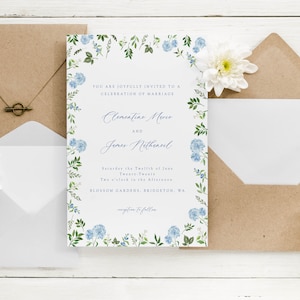 Blue hydrangea wedding invitation template, watercolor floral invite, french blue gingham bow editable template, botanical wedding invite image 9