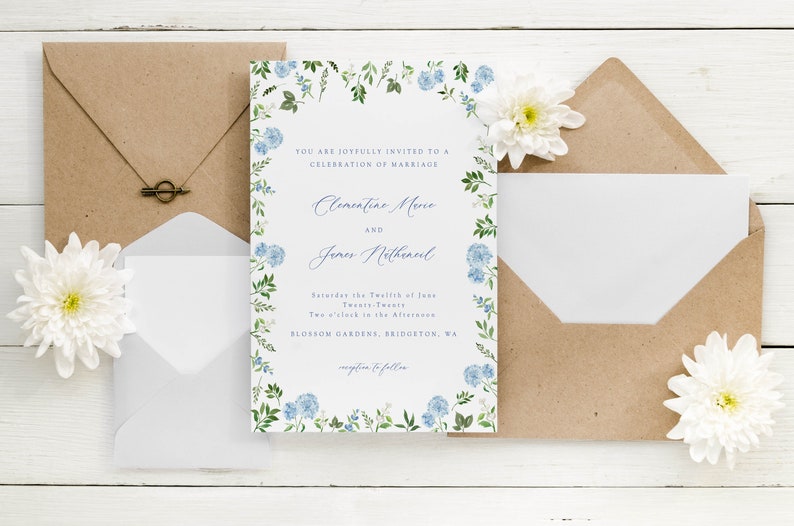 Blue hydrangea wedding invitation template, watercolor floral invite, french blue gingham bow editable template, botanical wedding invite image 9