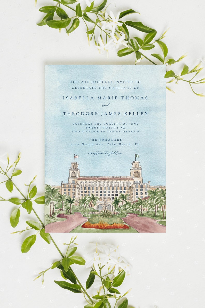 The Breakers wedding invitation template, Palm Beach Florida personalized invite, watercolor tropical palm trees, marriage announcement image 1