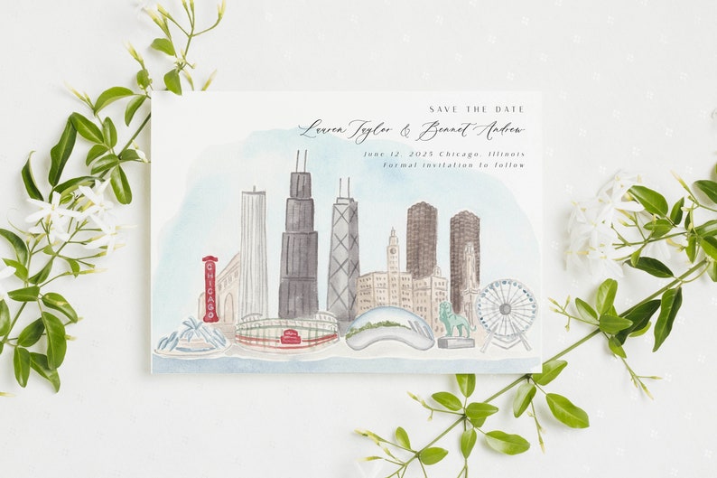 May include: Watercolor save-the-date card featuring a Chicago skyline illustration. The card includes the names Leven Teglor & Bennet Naber, the date June 12, 2025, and the city of Chicago, Illinois. The card is decorated with white flowers and green leaves.