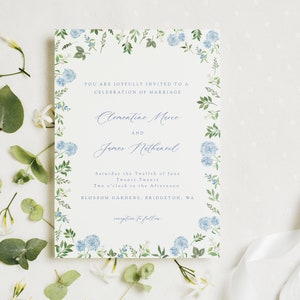 Blue hydrangea wedding invitation template, watercolor floral invite, french blue gingham bow editable template, botanical wedding invite image 10