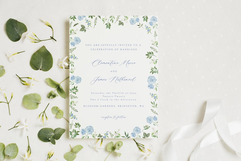 Blue hydrangea wedding invitation template, watercolor floral invite, french blue gingham bow editable template, botanical wedding invite image 10