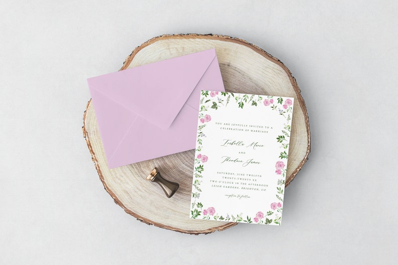 Pink hydrangea wedding invitation, pink floral invitation template, floral wedding invite, personalized invitation template, floral invite image 10
