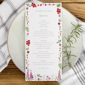 Watercolor vegetable wedding menu template, botanical garden dinner menu, editable rustic wedding menu, hand drawn wildflower wedding menu
